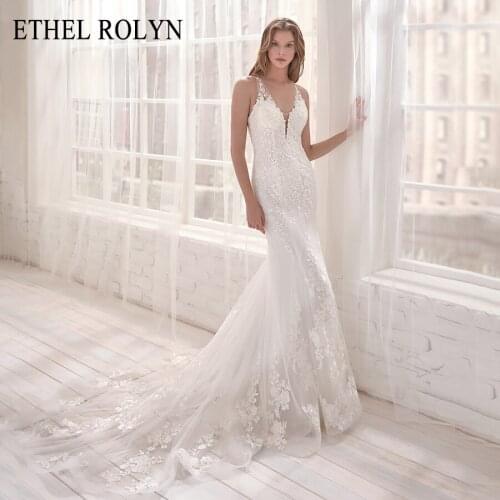ETHEL ROLYN Mermaid Wedding Dress 2021 Romantic V-neck Lace Appliques Sleeveless Backless Vintage Bride Dresses Robe De Mariee