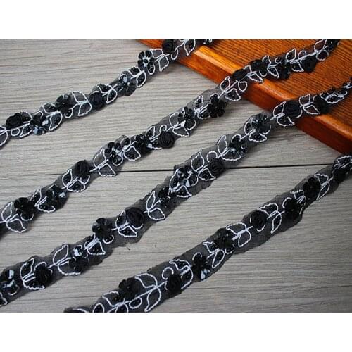 2cm 0.787" wide 5yards/lot organza based black beaded and sequined 3D lace trim lace ribbon for garment accessories
