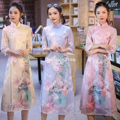 2021 traditional chinese dress vestido womens satin cheongsam dress qipao flower qipao chinese dress elegant party dress