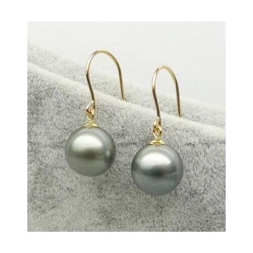 Free shipiing Gray Green Real Tahitian Pearl Drop Dangle Earrings 14K Yellow Gold Hook 10-11MM