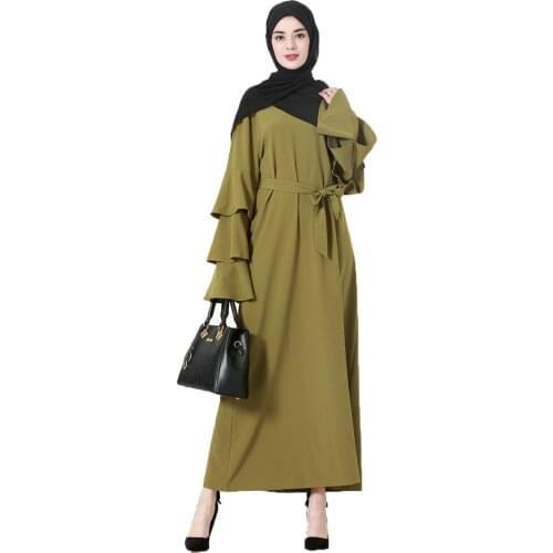 BianFeng Womens Ramadan Kaftan Muslim Fashion Abaya Multi Layer Stacked Hijab Dress Solid Round Neck Long Sleeve Dress