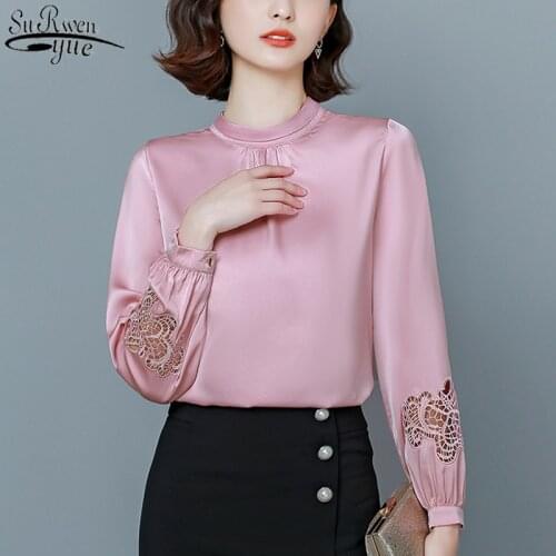 2021 Office Lady Silk Solid Pullover Shirts Women Autumn Lantern Long Sleeve Hollow Blouse Women Elegant Ladies Clothes 11088
