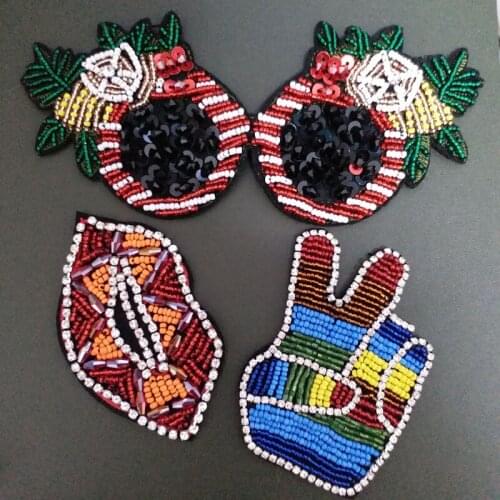 1pc eyes lips 3D Handmade rhinestone beaded Patches for clothing hand DIY sew on parches Embroidery applique flowers
