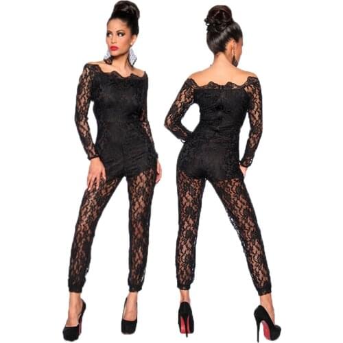 Women Lace Floral Black Long Sleeve Jumpsuit Romper Clubwear Sexy Off Shoulder Slash Neck Playsuit Bodycon Party Trousers Female