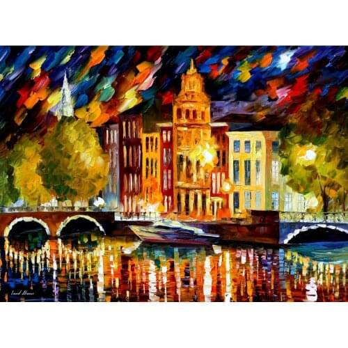 Beautiful landscape Paintings Amsterdam autumn reflection palette knife oil painting On Canvas Modern Hand painted High quality