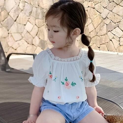 Summer Girls Cute Blouse Children Lace Print girdling Waist Fashion Baby Shirt Bubble Sleeve Top