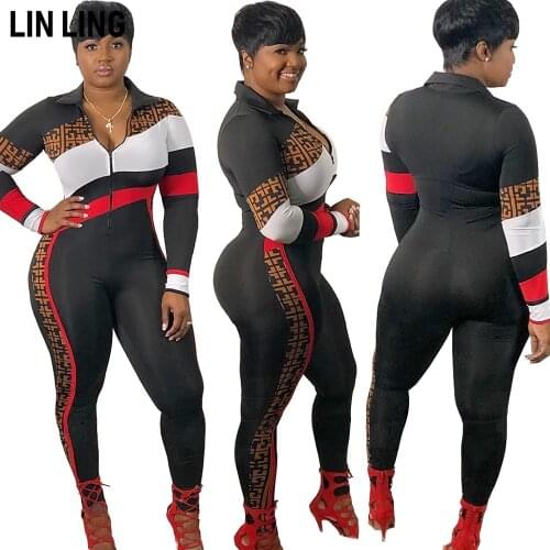 LINLING 2021 Spring Leisure Sports One-piece Pants Printed Splicing Long Sleeve jump suits for women
