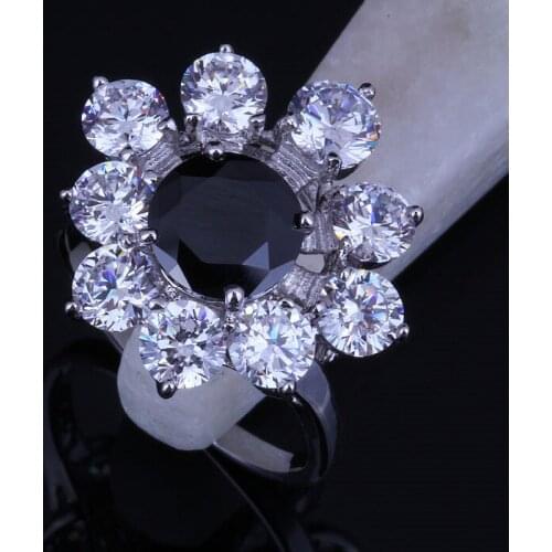 Love Monologue Atmosphere Flower Shaped Black imitation Onyx and White CZ Silver Color Rings for Women Jewelry J0310