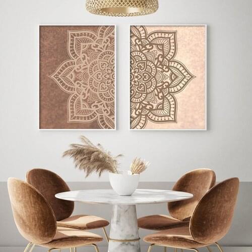 Boho Mandala Wall Art Print Beige Taupe Mandala Bed Room Canvas Painting Yoga Poster Picture for Living Room Home Interior Decor