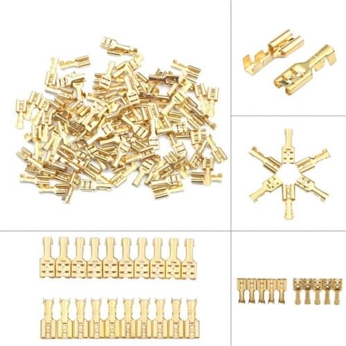 100Pcs/Set Female Crimp Terminal Connector 4.8/6.3mm Gold Brass/Silver Car Speaker Electric Wire Connectors Set Butt Connector