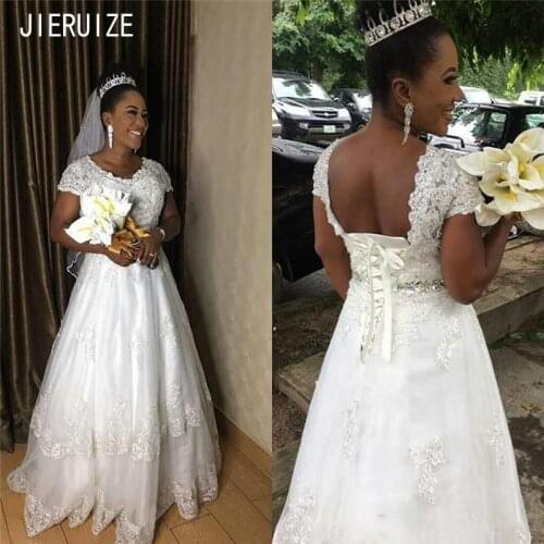 JIERUIZE African Wedding Dresses Jewel Neck Short Sleeves Backless Lace Appliques Beaded Sash Wedding Gowns Vestidos De Noiva