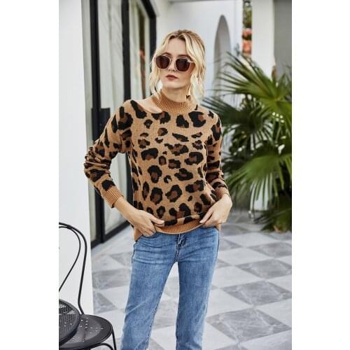 O Neck Female Fashion Sweaters Jumper Women Long Sleeve Pullovers Oversized Leopard Knitted Ladies Sweater Brown Green