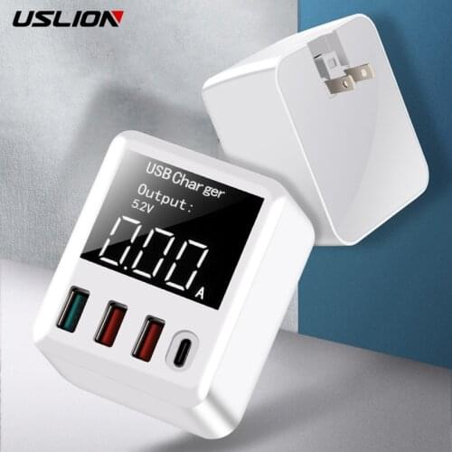 USLION 4 Ports 3 USB Charger Fast Charge 3.0 QC Wall Charging For iPhone 12 Samsung LED Display Mobile Travel EU US UK Adapter