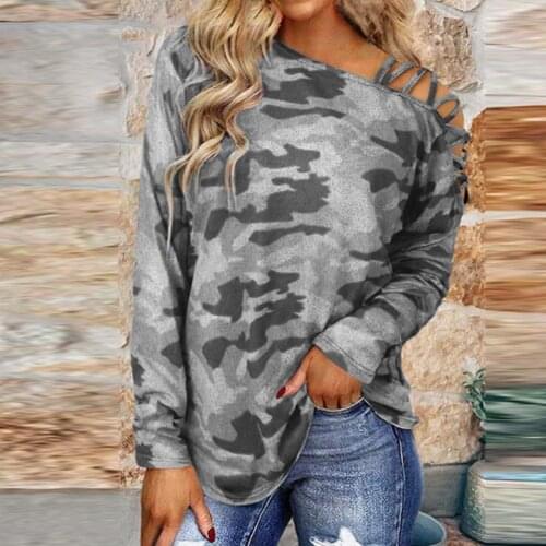 2021 Autumn Women Top Long Sleeve Shirt Oblique Shoulder Crossed Straps Hollow Out Camouflage Printed Tee Shirts