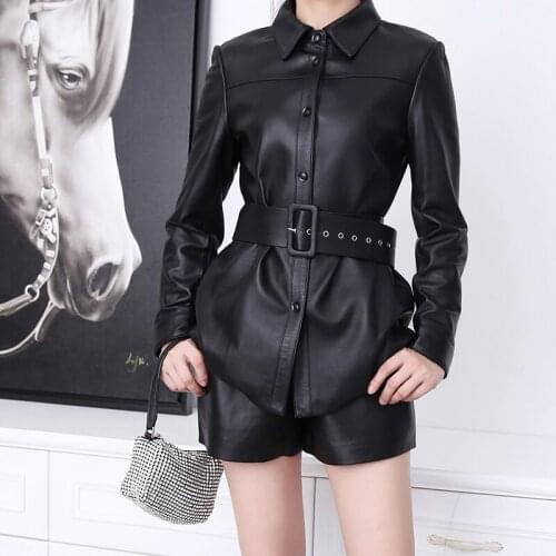 2021 Autumn Winter Real Leather Women Jacket Genuine Leather 100% Natural Sheepskin Black Long Sleeve Slim Coat Shirt With Belt