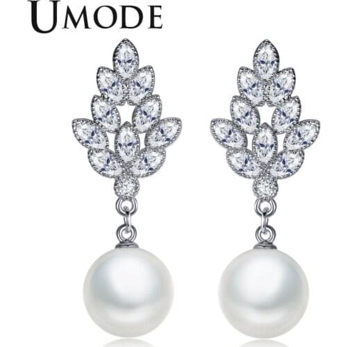 UMODE Fashion Flower CZ Crystal Drop Earrings for Women Natural Pearl White Gold Color Girls Gifts Pendientes Mujer Moda AUE0364