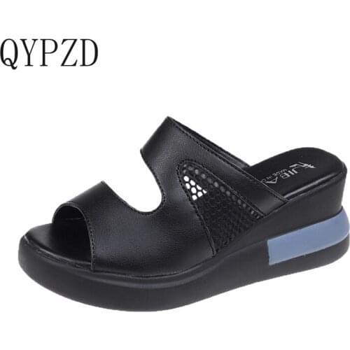 Size 35-40 Platform Wedges Shoes Women Slippers Summer 2021 Cutout High Heels Slides Ladies Office Shoes Leather Slippers