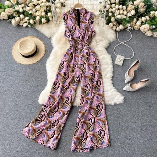 New Summer Vintage Women Floral Print Jumpsuits Casual Loose Wide Leg Jumpsuits Female Bohemia Beach Jumpsuits