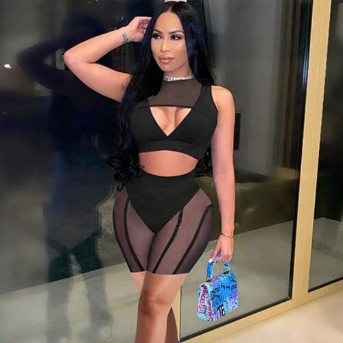 Sheer Mesh Patchwork Sexy Club Outfits for Women Crop Top and Biker Shorts Set Nightclub Summer Clubwear 2 Piece Womens Suit Set