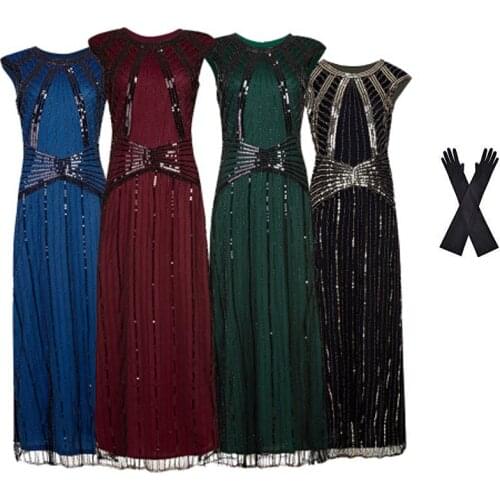 Women Evening Dress 1920s Flapper Cocktail Plus Size Formal Gown with Long Gloves