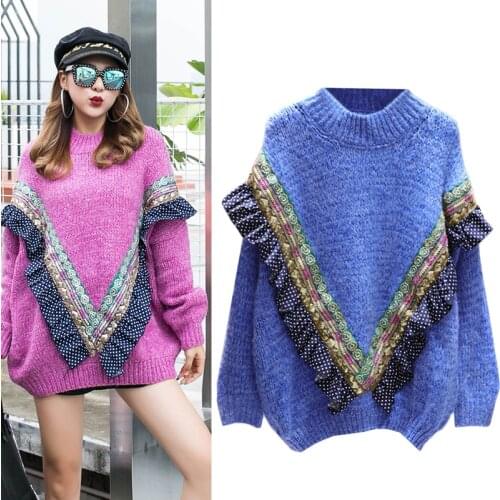 Sequins Beads winter clothes women 2020 oversized sweater and pullover Vintage Embroidery Ruffles Polka Dot Loose knitted tops