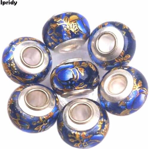 20Pcs/lot 14mm Blue Rose Flower European Beads with Silver Brass Pipe core,Large Hole Glass Beads for Jewelry Making