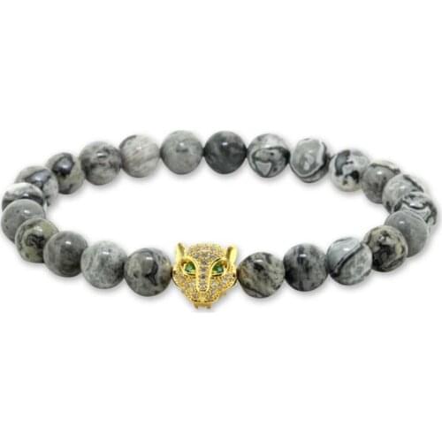 2017 Top Quality Jewelry Wholesale 8mm Grey Veined Picture Natural Stone Bead Macro Inserts Zircon Leopard Mens Bracelets