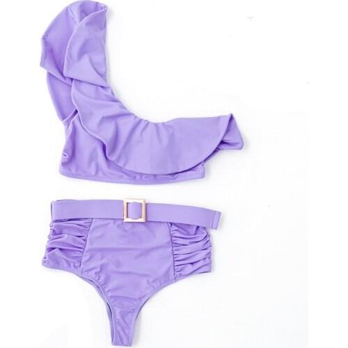 2021 Sexy Bikinis Women One Shoulder Swimwear High Waist Swimsuit Purple Bandage Bathing Suits Ruffle Beach Wear Biquini Female