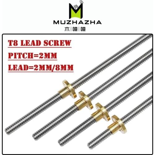 4pcs/lot T8 Lead Screw OD 8mm Pitch 2mm Lead 2mm 200mm 250mm 300mm 350mm 400mm 450mm 500mm With Nut For 3D Printer Reprap
