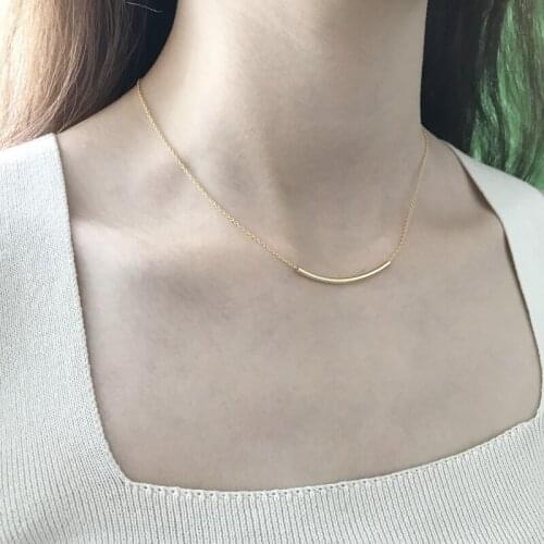 925 Sterling Silver Jewelry Balance 18k Gold Curved Tube Bar Charm Choker Necklace Delicate Jewelry