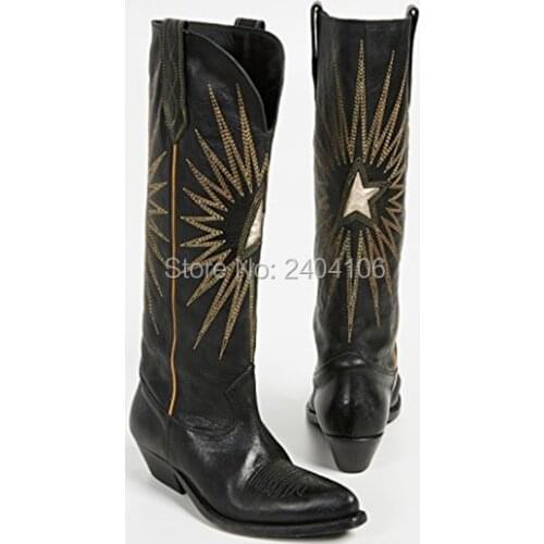 Shooegle Brand Western Retro Style Autumn Winter Cowboy Boot Pointed Toe Block Heels Black Brown Leather Embroidered Boots Women