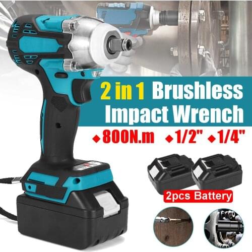 2 in 1 18V 800N.m Li-Ion Brushless Cordless Electric 1/2"Wrench 1/4"Screwdriver Drill With 15000Amh Li Battery +LED light