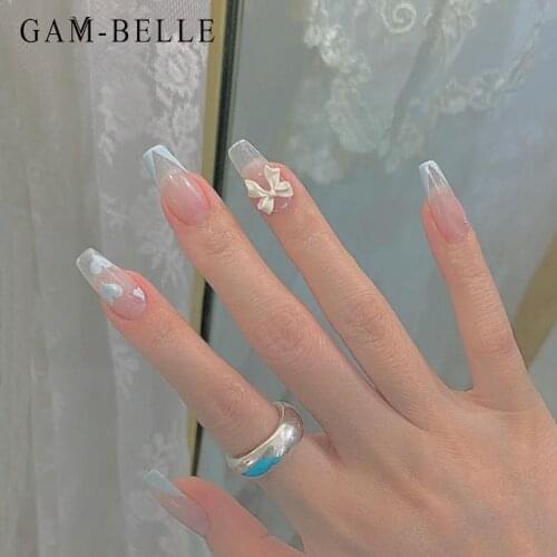 GAM-BELLE French Glitter Blue Tips Fake Nails with 3D Bows Long Ballerina Full Cover Detachable Press On Nails Manicure Tool