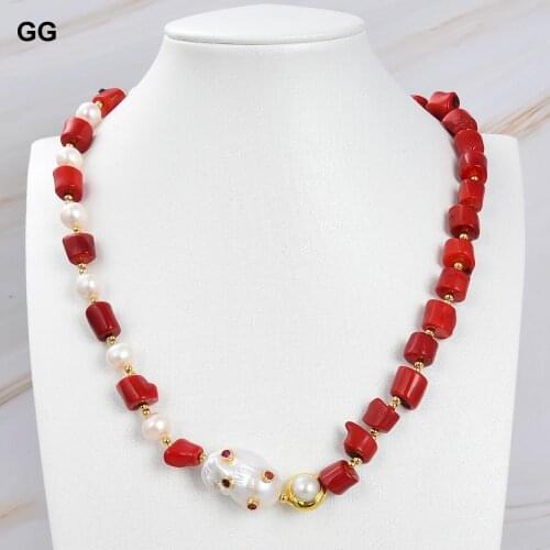 GuaiGuai Jewelry Red Coral White Pearl Necklace White Keshi Pearl Cz Pave Pendant 21"