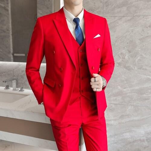 Wedding Dress Suits For Men Red Slim Fit 3 Pieces Suits Blazers Jackets+Pants+Vest High Quality Male Formal Wear Suit Sets 6XL