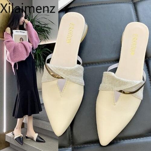 Elegant Low Heel Women Mules Summer Sexy Pointed-Toe Ladies Slippers Slip on Leisure Ladies Office Shoes Beige Pumps Female