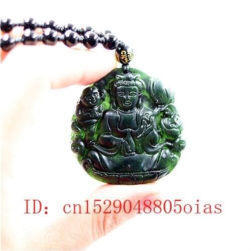 Natural Black Green Chinese Jade Guanyin Pendant Beads Necklace Charm Jewelry Obsidian Carved Buddha Amulet Gifts for Men Women