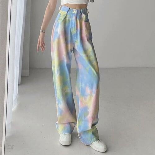 2021 Fall Tie Dye Baggy Jeans Women Casual High Waist Loose Oversize Wide Leg Denim Pants Vintage Streetwear Trousers Clothes