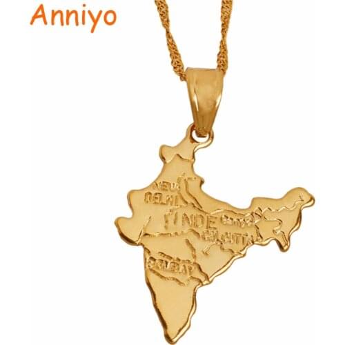 Anniyo The Republic of India Map Pendant Necklaces Chain Indian for Women Girl Gold Color Jewelry Hindu #006510