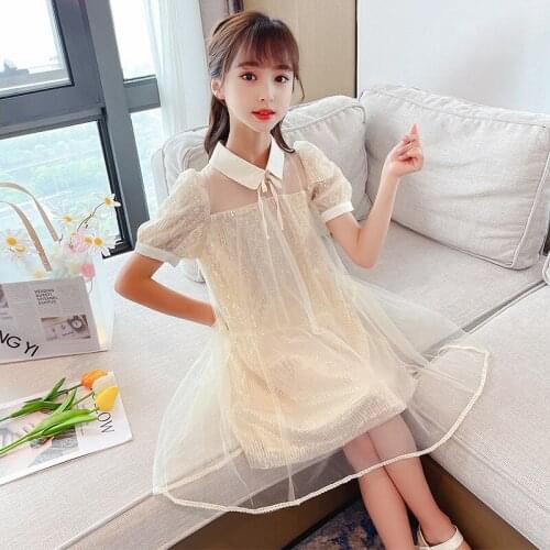 Girls' short sleeve baby collar dress new girls' summer glittering princess skirt
