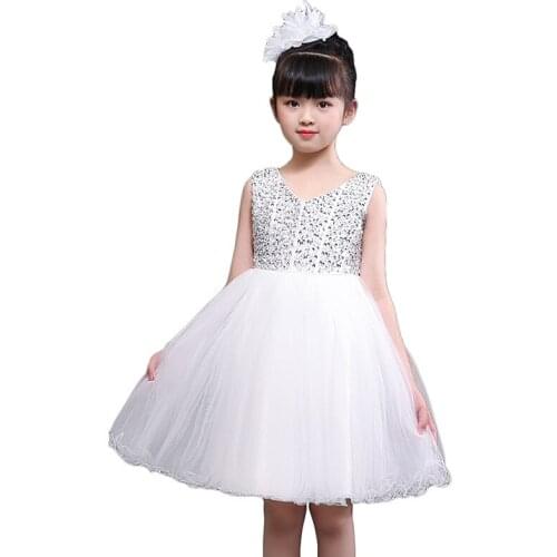 Pageant Girls Wedding Dresses Kids Beading V Collar Bodice Tulle Knee length Dress Formal Girls Clothing