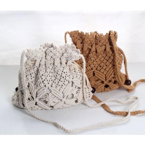 Straw made womens bag Sen series sidebag cotton thread small fresh hollow bucket bag leisure beach bag