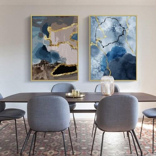 Modern Trendy Abstract Blue Gold Marble Posters Canvas Painting Wall Art Prints Pictures for Living Room Interior Home Decor