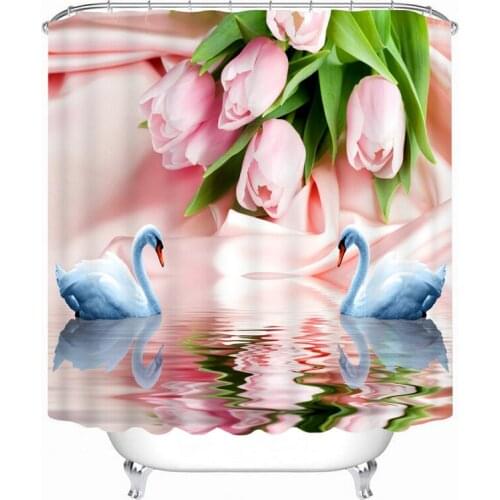3D Shower Curtains Pink Rose and Swan Lovers Pattern Bathroom Curtains Waterproof Washable Bath Curtain Customizable