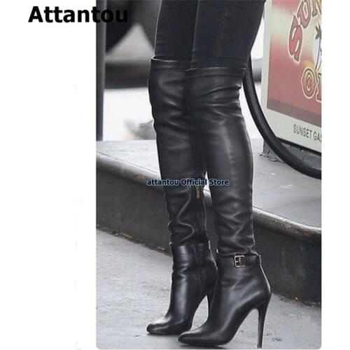 Black Thigh High Over Knee Boots women PU Leather Buckle Strap Boots Women Handmade High Quality Botas Women Shoes