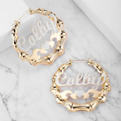 Custom Name Earring Bamboo Style Personalized Gold Plated Stainless Steel Name Hoop Bamboo Earrings Jewelry Gift For Women Girl