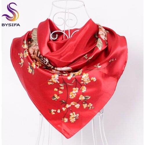 BYSIFA Red Silk Scarves China 90*90cm Fashion Accessories Women Chinese Red Rose Hijab Scarves Spring Autumn Satin Square Scarf
