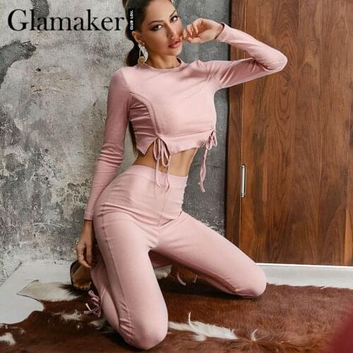 Glamaker Pink 2 piece suits sportwear Women shir crop top and bodycon pants casual sets 2021 new Spring fittness jumpsuit