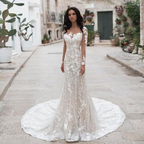 Robe De Mariage Long Sleeve Mermaid Wedding Dresses Button Back Brautkleid Simple Abito Da Sposa O-Neck Vestido De Noiva