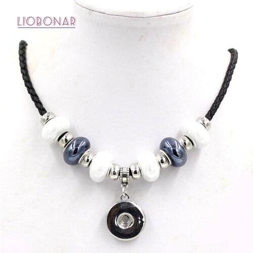 1PC Snap Necklace Jewelry Black PU Leather Rope with Ceramic Bead 18mm Button Pendant Necklace Fit Snap Necklace Collar